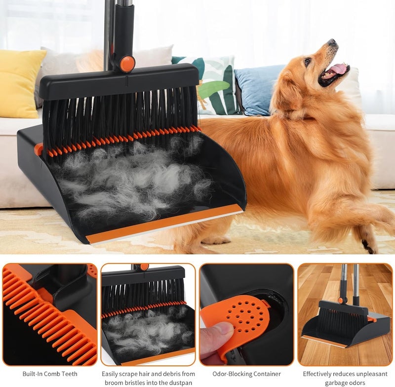 HOUSLET Broom and Dustpan Set, Large Brooms and Dust Pans with 48'' Long Handle, Upright Broom and Dustpan Comb for Lobby Dog Cat Pets Hair Home Use and Kitchen Cleaning (Orange and Black) - Image 5