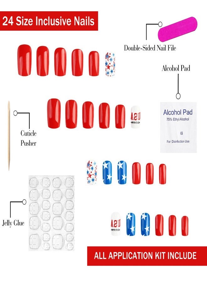 OFDNE 4th of July Press on Nails Medium Square OFDNE Fake Nails False Nails with Stars Designs Full Cover Glossy Glue on Nails Acrylic Nails Stick on Nails for Women Girls 24 Pcs - Image 2