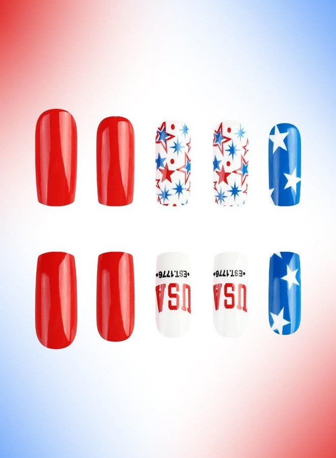 OFDNE 4th of July Press on Nails Medium Square OFDNE Fake Nails False Nails with Stars Designs Full Cover Glossy Glue on Nails Acrylic Nails Stick on Nails for Women Girls 24 Pcs - Image 4