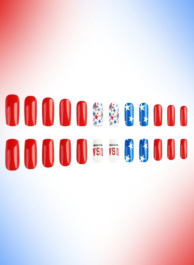 OFDNE 4th of July Press on Nails Medium Square OFDNE Fake Nails False Nails with Stars Designs Full Cover Glossy Glue on Nails Acrylic Nails Stick on Nails for Women Girls 24 Pcs - Image 5