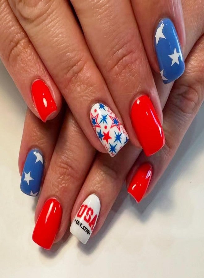OFDNE 4th of July Press on Nails Medium Square OFDNE Fake Nails False Nails with Stars Designs Full Cover Glossy Glue on Nails Acrylic Nails Stick on Nails for Women Girls 24 Pcs - Image 1