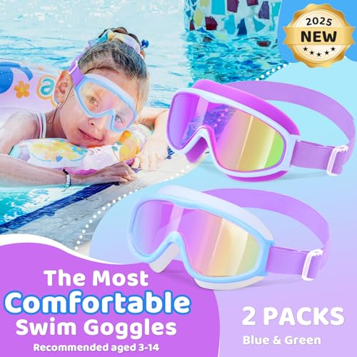 Vvinca Kids Goggles with Comfort Fabric Strap, Kids Swim Goggles Wide View Anti-Fog/UV No Leaking Swimming Goggles for 3-14 - Image 2