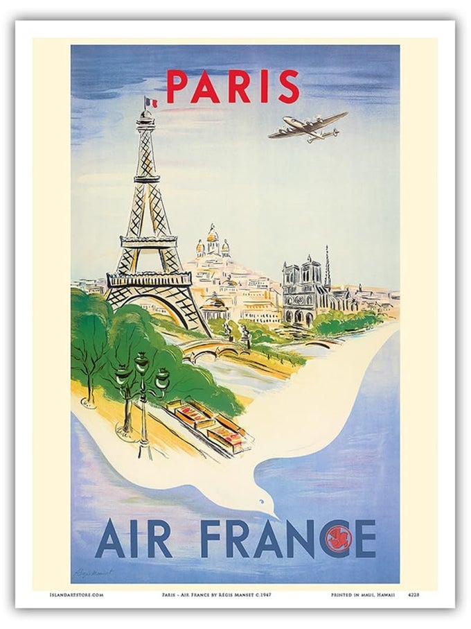 PARIS CAPITAL OF FRANCE EIFFEL TOWER VINTAGE AIRLINE TRAVEL POSTER BY RGIS MANSET C1947 MASTER ART PRINT UNFRAMED 9IN X 12IN