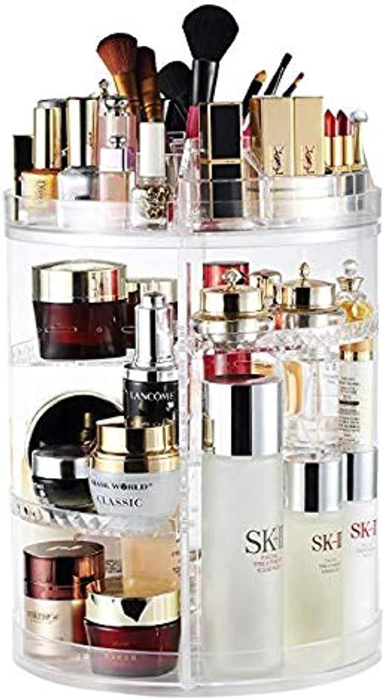 منظم مكياج ، صندوق عرض وتخزين مستحضرات تجميل قابل للتعديل والدوران 360 درجة، رف حامل مكياج بسعة كبيرة، صندوق منظم مستحضرات تجميل للوضع على سطح الطاولة (أبيض)