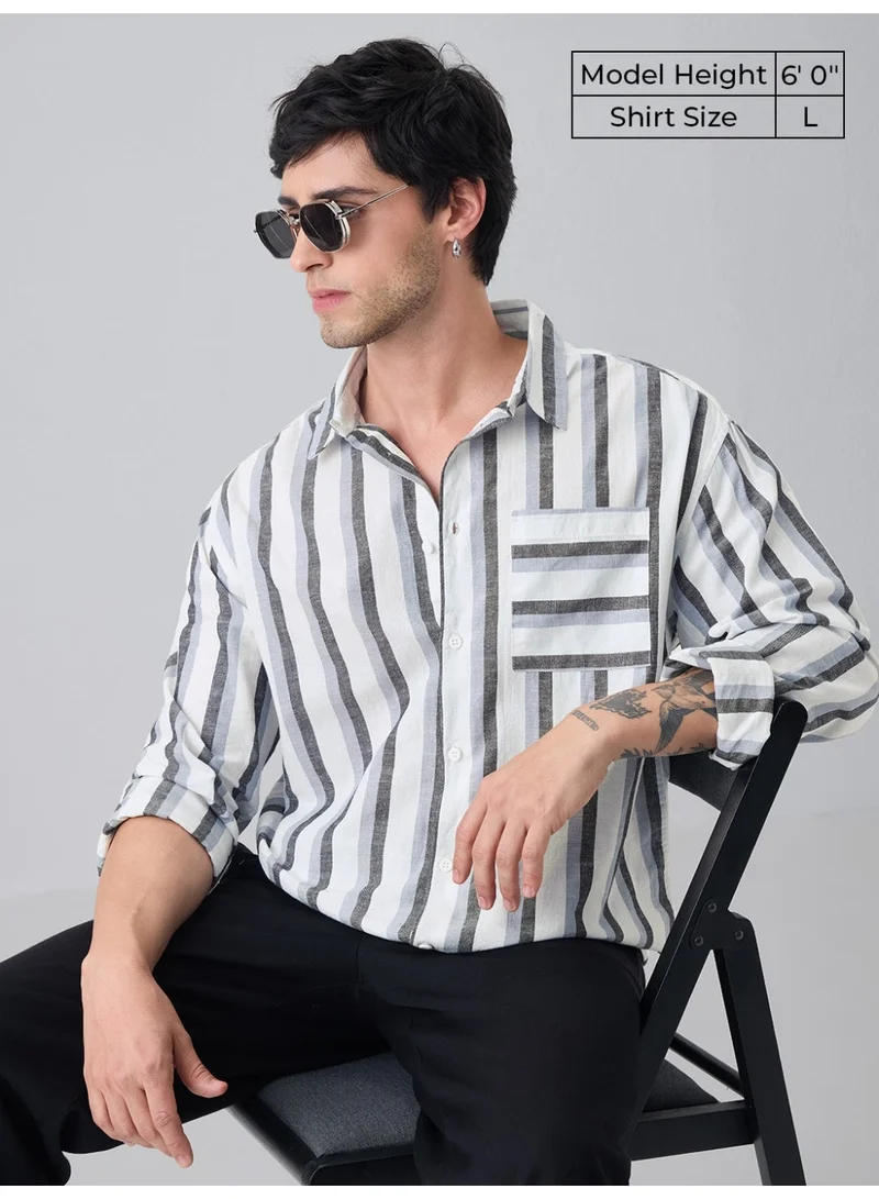 The Souled Store The Souled Store: Mystique Men and Boys Long Sleeve Spread Collar White and Grey Striped Cotton Linen Regular Shirt