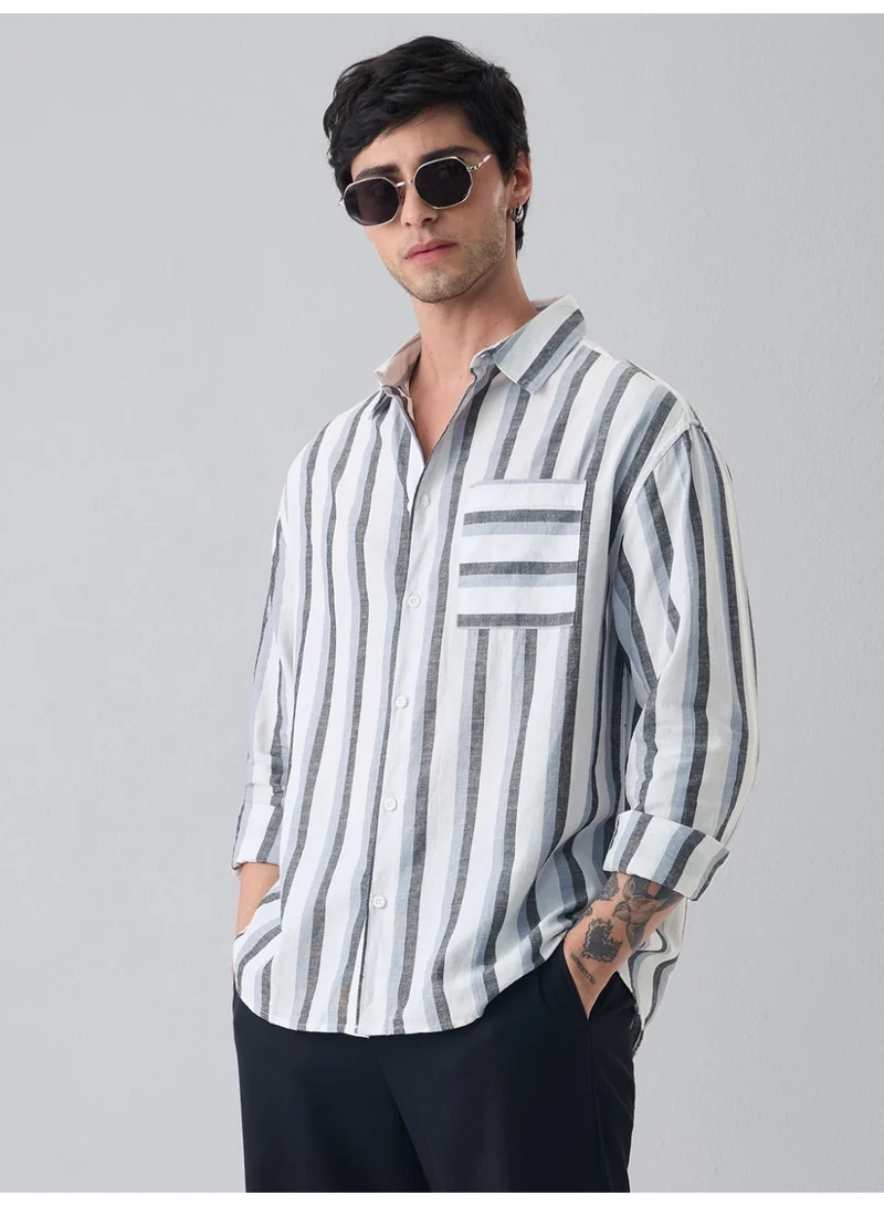 The Souled Store The Souled Store: Mystique Men and Boys Long Sleeve Spread Collar White and Grey Striped Cotton Linen Regular Shirt