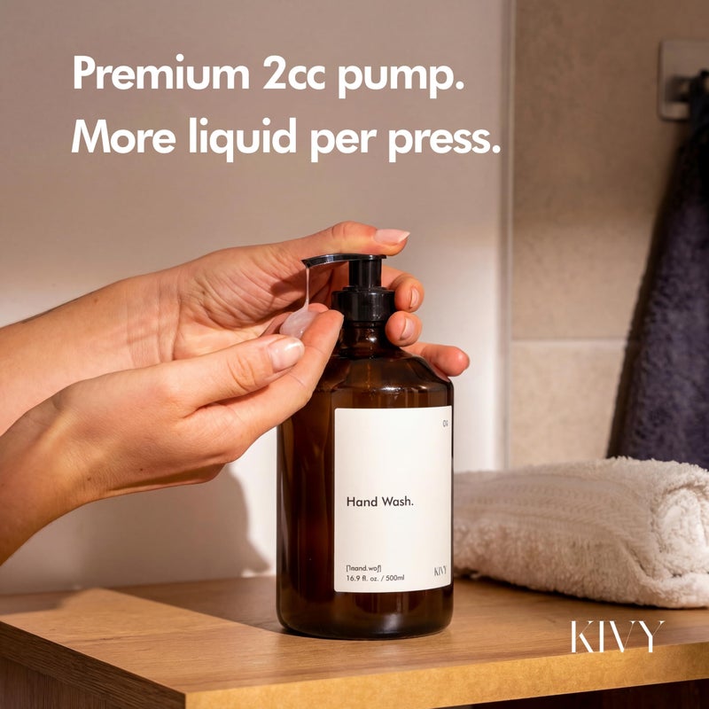 KIVY Glass Soap Dispenser Set [INCL. Waterproof Labels] - Brown Glass Soap Dispenser with Pump - Hand Soap and Dish Soap Set - for Kitchen, Shower & Bathroom (2X 16oz) - Image 2