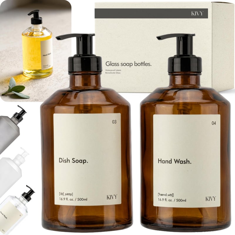 KIVY Glass Soap Dispenser Set [INCL. Waterproof Labels] - Brown Glass Soap Dispenser with Pump - Hand Soap and Dish Soap Set - for Kitchen, Shower & Bathroom (2X 16oz) - Image 1