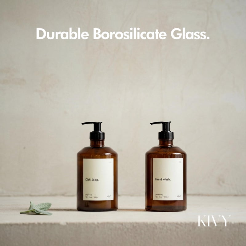 KIVY Glass Soap Dispenser Set [INCL. Waterproof Labels] - Brown Glass Soap Dispenser with Pump - Hand Soap and Dish Soap Set - for Kitchen, Shower & Bathroom (2X 16oz) - Image 5