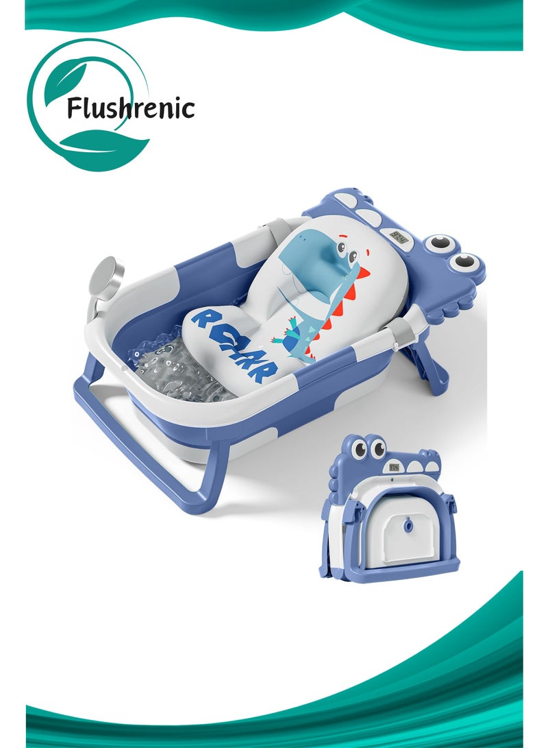 Flushrenic Foldable baby bathtub, baby bathtub with soft padding and real-time thermometer, baby bathtub with soft floating pad and real-time temperature monitoring LCD screen, baby to toddler bathtub, portable newborn travel bathtub, suitable for babies, boys, girls - Image 1