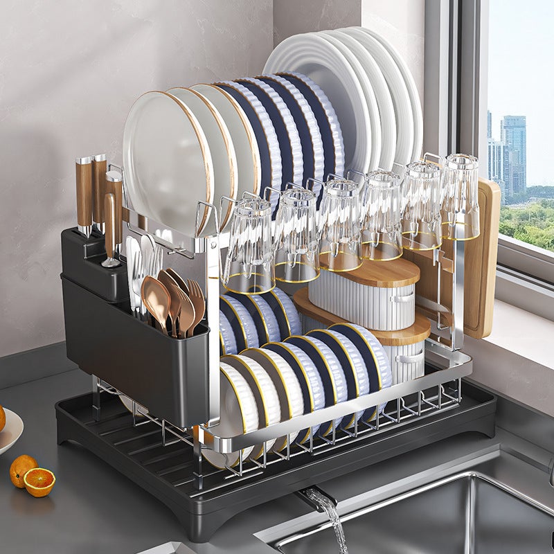 DONG Cheng Premium Stainless Steel 2-Tier Dish Drying Rack - Rust-Proof Double Layer Kitchen Counter Organizer with Cutlery Holder, Sturdy Heavy-Duty Storage for Plates Bowls &  Utensils - Image 1