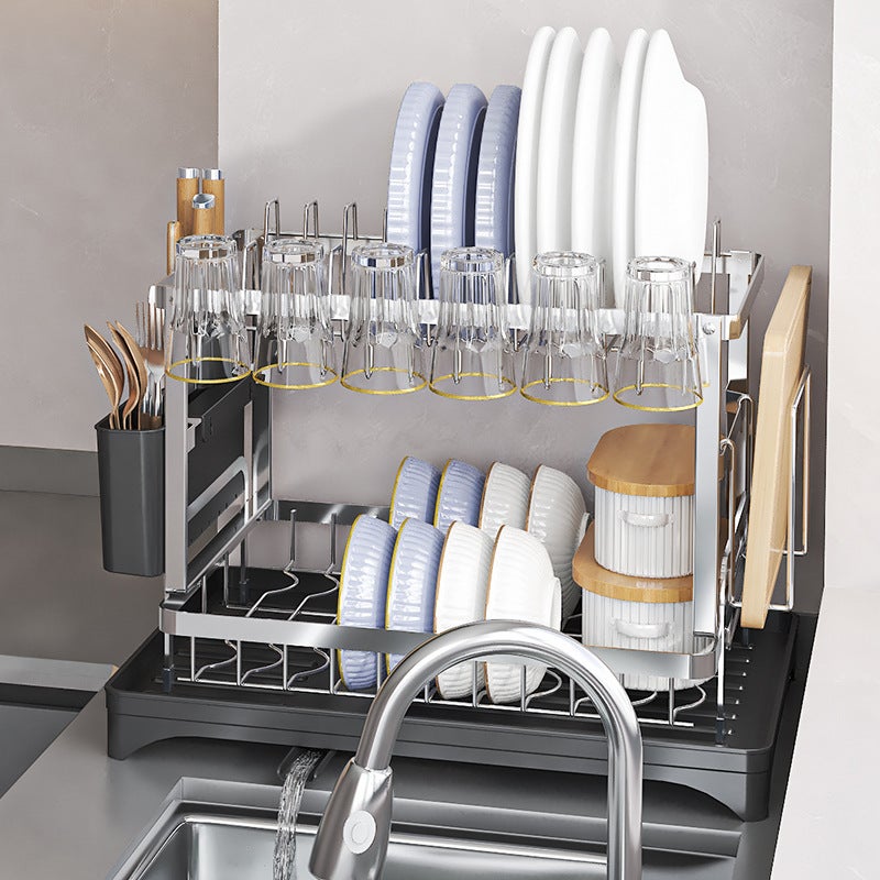 DONG Cheng Premium Stainless Steel 2-Tier Dish Drying Rack - Rust-Proof Double Layer Kitchen Counter Organizer with Cutlery Holder, Sturdy Heavy-Duty Storage for Plates Bowls &  Utensils - Image 3