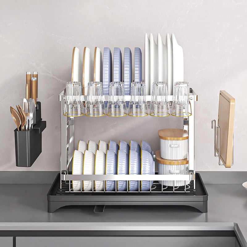 DONG Cheng Premium Stainless Steel 2-Tier Dish Drying Rack - Rust-Proof Double Layer Kitchen Counter Organizer with Cutlery Holder, Sturdy Heavy-Duty Storage for Plates Bowls &  Utensils - Image 2