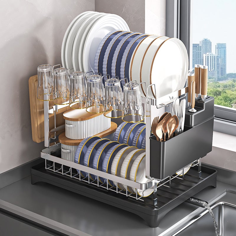 DONG Cheng Premium Stainless Steel 2-Tier Dish Drying Rack - Rust-Proof Double Layer Kitchen Counter Organizer with Cutlery Holder, Sturdy Heavy-Duty Storage for Plates Bowls &  Utensils - Image 4