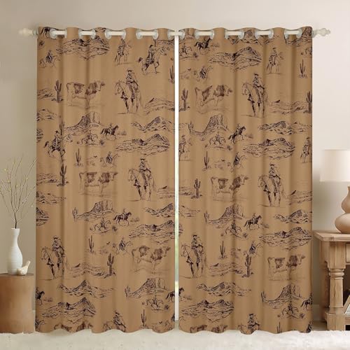 Feelyou Kids Wild West Cowboy Curtains for Bedroom Living Room 2 Panels 38 x 54 Inch Western Decor Darkening Dreapes Boys Girls Teens Decor Rodeo Cowboy Style Blackout Curtains Brown Window Treatments - Image 1