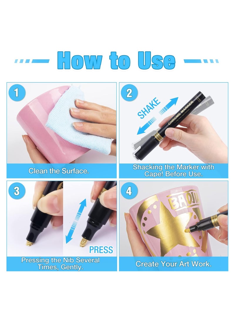 KASTWAVE - Mirror Chrome Marker, 6Pcs Liquid Gold Paint Pens for Art, Waterproof Reflective Gloss Metallic Markers for Repairing, Model Painting, Marking or DIY Art Projects, Permanent Mirror Chrome Marker Pens - Image 1