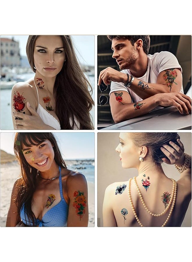9 وحدات وشم مؤقتة ، مجموعة كبيرة من تصاميم الحيوانات والزهور المقاومة للماء ، نقل الفن الأسود والملون للرجال والنساء - Image 5