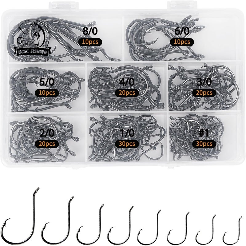 UCEC Circle Hooks Fishing Hooks 2X Strong Offset Circle Hooks Saltwater Black High Carbon Steel Octopus Catfish Fishing Hooks Fishing Gear Tackle 150pcs/ 240pcs - Size:#1 1/0 2/0 3/0 4/0 5/0 6/0 8/0 - Image 1