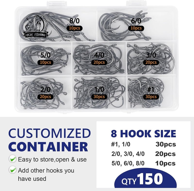 UCEC Circle Hooks Fishing Hooks 2X Strong Offset Circle Hooks Saltwater Black High Carbon Steel Octopus Catfish Fishing Hooks Fishing Gear Tackle 150pcs/ 240pcs - Size:#1 1/0 2/0 3/0 4/0 5/0 6/0 8/0 - Image 4