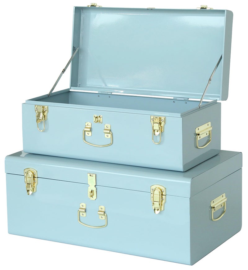 Vixdonos Vixdonos Metal Trunk Decorative Storage Box Set of 2 College Dorm Chest with Handle Light Blue 