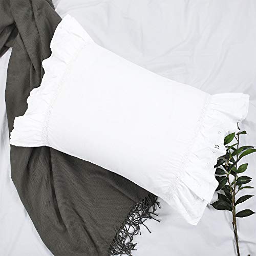 YINFUNG Eyelet Pillow Shams Lace Ruffled Standard White Shabby Chic Farmhouse Pillowcases Set of 2 Pretty Elegant Cotton Country French Cottage Embroidered Floral Victorian Crochet Trim 20x26 - Image 3
