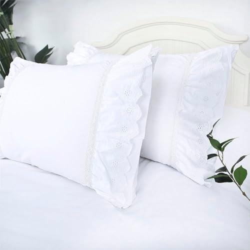 YINFUNG Eyelet Pillow Shams Lace Ruffled Standard White Shabby Chic Farmhouse Pillowcases Set of 2 Pretty Elegant Cotton Country French Cottage Embroidered Floral Victorian Crochet Trim 20x26 - Image 1