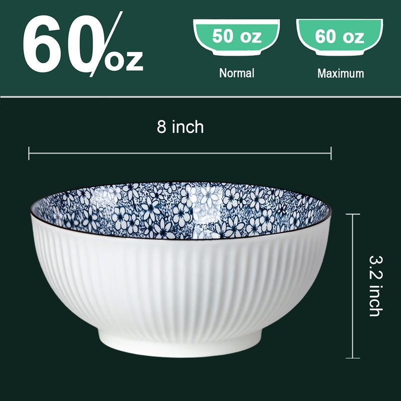 QINLANG Large Soup Bowls, Pho & Ramen Set of 3, 60 oz Blue & White Porcelain - Floral Pattern - Image 2
