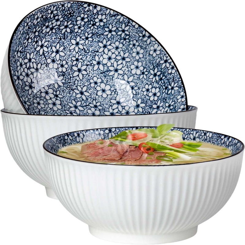 QINLANG Large Soup Bowls, Pho & Ramen Set of 3, 60 oz Blue & White Porcelain - Floral Pattern - Image 1