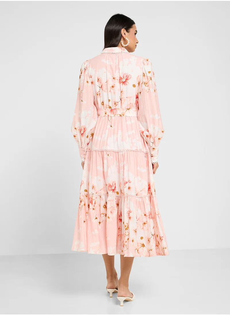 YAS Floral Belted Collar Neck Dress