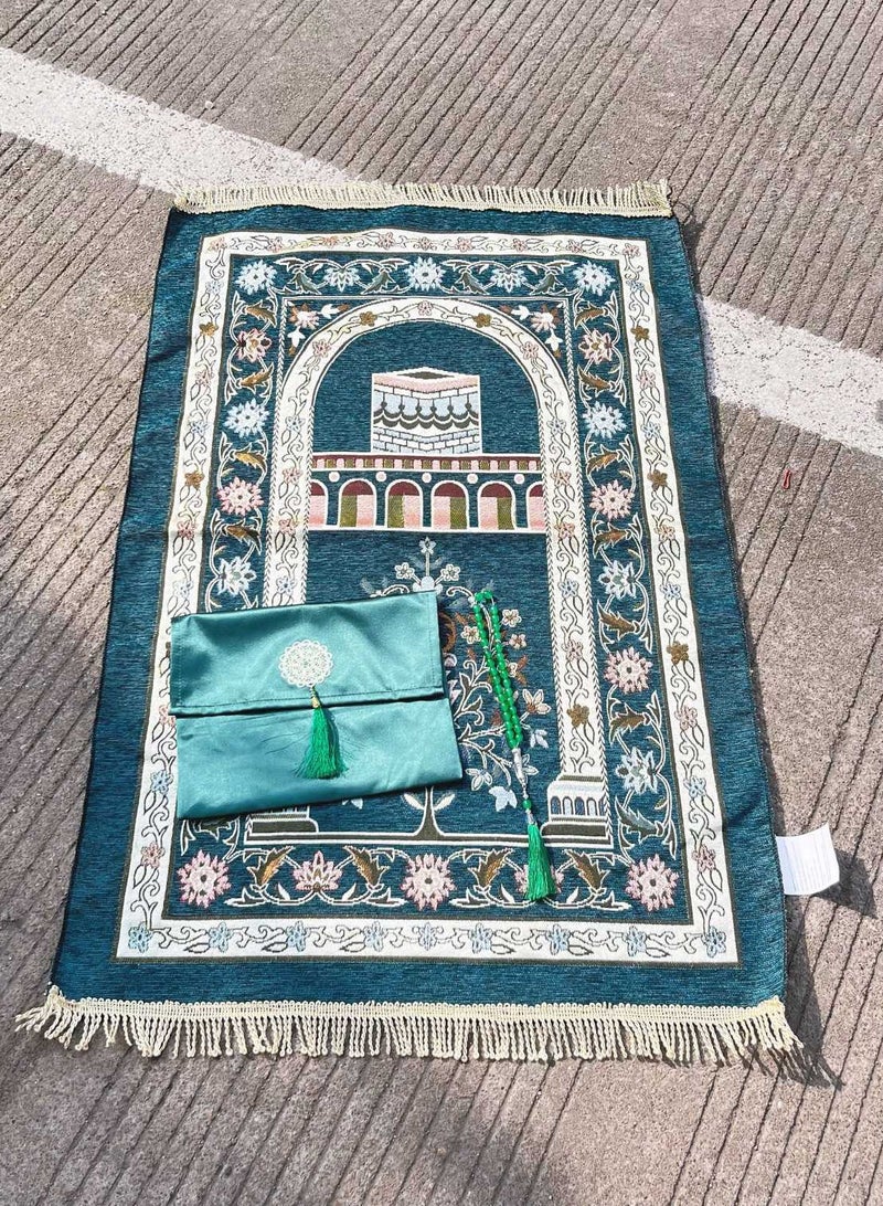 JEEJPV Prayer Blanket and Beads with Elegant Cloth Bag, Thin Lightweight Polyester Prayer Mat, Prayer Blanket, Good for Gift, Prayer 70x110cm Blue