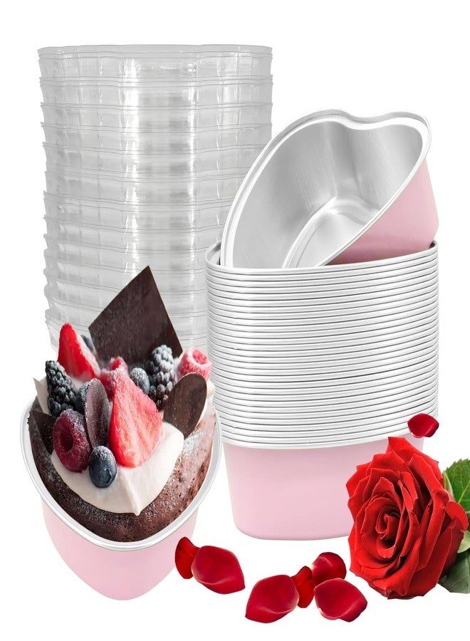 EQUNROY 30 Pcs Heart Shaped Cake Pans with Lids, Mini Pink Aluminum Foil Baking Tins 3.4 Oz, Disposable Cupcake Containers for Valentine's Day, Mother's Day, Wedding, Party (100ml/3.4OZ) - Image 1