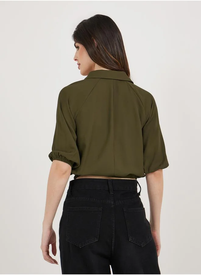 ستايلي Solid Balloon Sleeve Crop Shirt with Pockets and Drawstring Detail