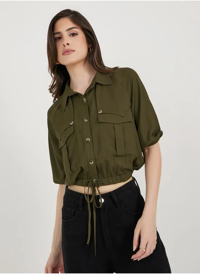ستايلي Solid Balloon Sleeve Crop Shirt with Pockets and Drawstring Detail