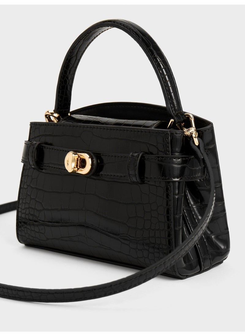 Charles & Keith CHARLES & KEITH Aubrielle Croc-Effect Top Handle Bag & Crossbody Bag for Women - Black  - Image 4
