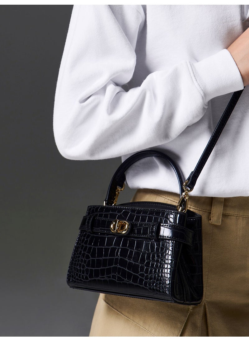 Charles & Keith CHARLES & KEITH Aubrielle Croc-Effect Top Handle Bag & Crossbody Bag for Women - Black  - Image 2