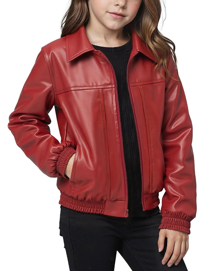 Noomelfish Girls Faux Leather Jackets Kids Motorcycle Bomber Coats Fall Outfits Winter Clothes Wine Red Size 78 Years - Image 2