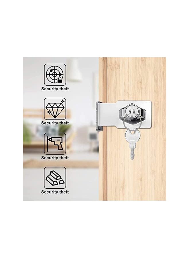promass Small Hasp and Staple 90 Degrees Metal Lock Hasp 3 Inch/76mm Door Bolt Latch Buckle Safety Door Clasp Knob Shed Locks with Padlock, Key, Screws for Cabinets Cupboard Drawer Gate, Silver - Image 2