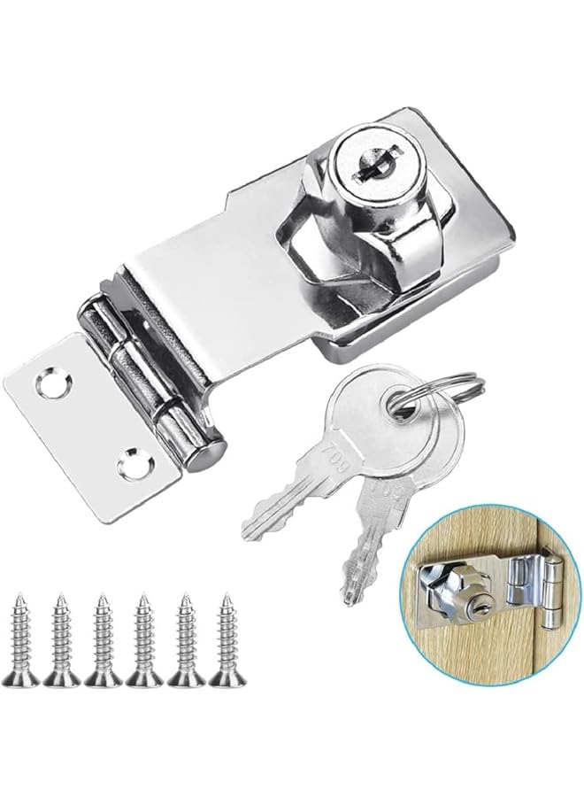 promass Small Hasp and Staple 90 Degrees Metal Lock Hasp 3 Inch/76mm Door Bolt Latch Buckle Safety Door Clasp Knob Shed Locks with Padlock, Key, Screws for Cabinets Cupboard Drawer Gate, Silver - Image 1