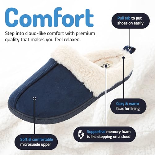 Floopi House Slippers for Women, Fur Lined Clog Womens Slippers Cozy Memory Foam with Indoor & Outdoor Anti Skid Sole (M, Navy-301) - Image 4