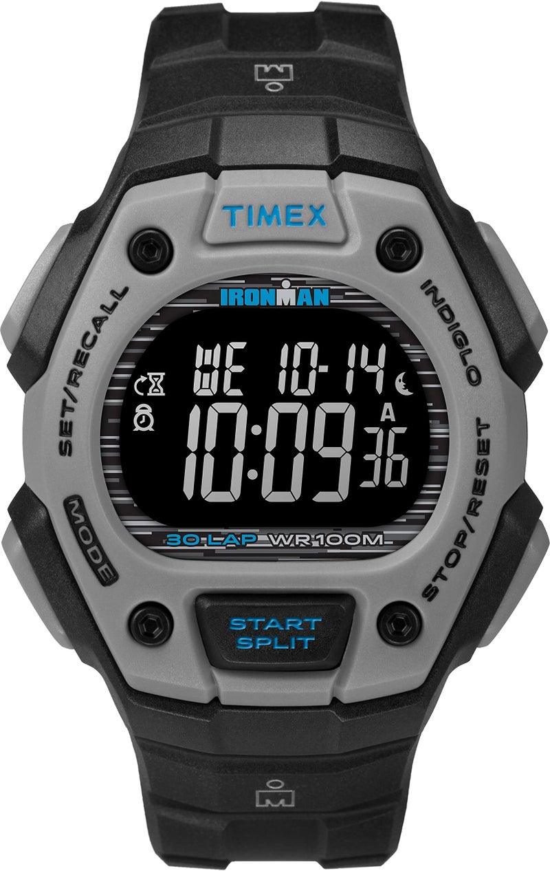 TIMEX ساعة تيمكس للرجال آيرون مان ترياثلون كلاسيك 30 38 مم – علبة سوداء ورمادية مع عرض سلبي وحزام من الراتنج الأسود - Image 1
