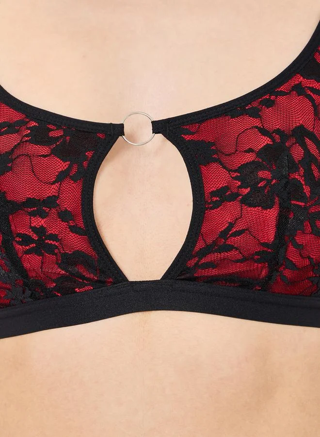 Take Two Black Contrast Red Lace Cut Out Padded Non Wired Bra