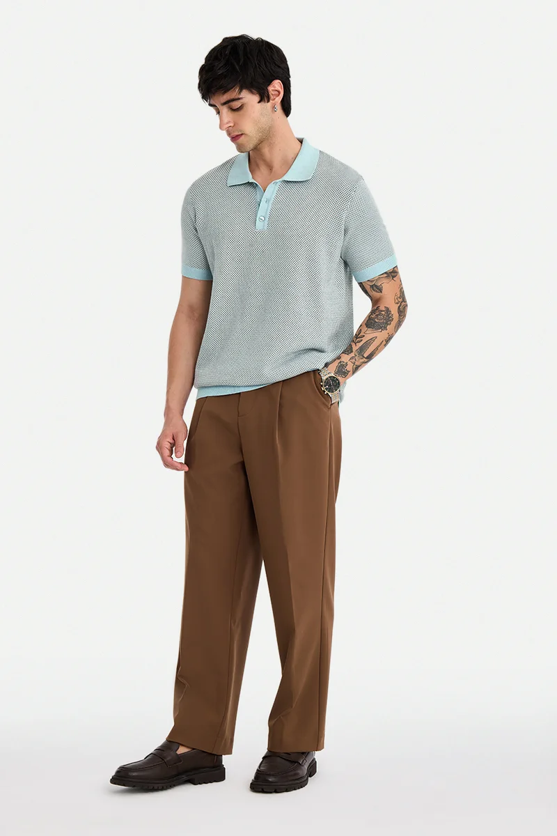 SNITCH Light Blue Textured Half Sleeve Regular Fit Casual T-Shirt