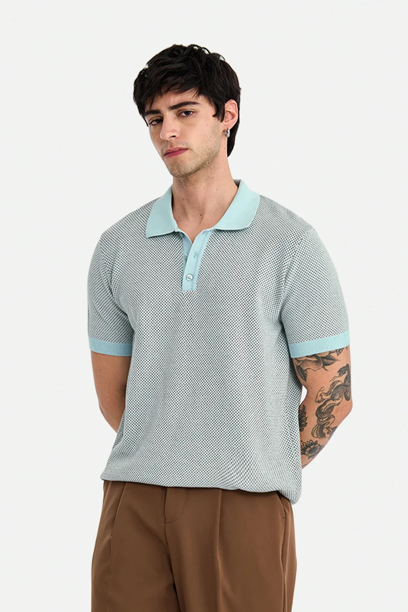 SNITCH Light Blue Textured Half Sleeve Regular Fit Casual T-Shirt
