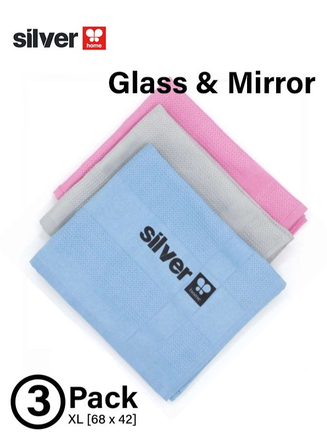 Silver Home Professional Decorative Large Microfiber Glass & Mirror Cleaning Cloths – Large 42x68 cm | Extra-thick, Tight-knit Fibers | High GSM | No Detergent Need | 3 Pack - Image 1