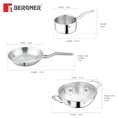 Bergner BE Essentials TriPro TriPly Stainless Steel 4 Pcs Cookware Set - 22cm (2 L) Kadai with Glass Lid 22cm (1.2 L) Frypan, 14cm (1 L) Saucepan, Less Oil Use, Healthy Cooking - Induction Bottom - Image 3