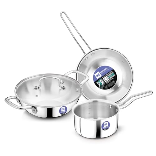 Bergner BE Essentials TriPro TriPly Stainless Steel 4 Pcs Cookware Set - 22cm (2 L) Kadai with Glass Lid 22cm (1.2 L) Frypan, 14cm (1 L) Saucepan, Less Oil Use, Healthy Cooking - Induction Bottom - Image 1