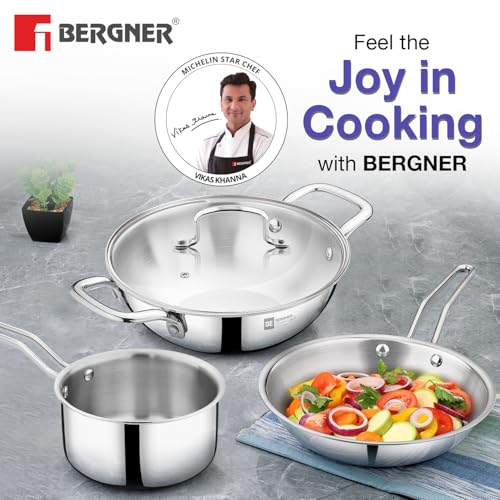 Bergner BE Essentials TriPro TriPly Stainless Steel 4 Pcs Cookware Set - 22cm (2 L) Kadai with Glass Lid 22cm (1.2 L) Frypan, 14cm (1 L) Saucepan, Less Oil Use, Healthy Cooking - Induction Bottom - Image 2