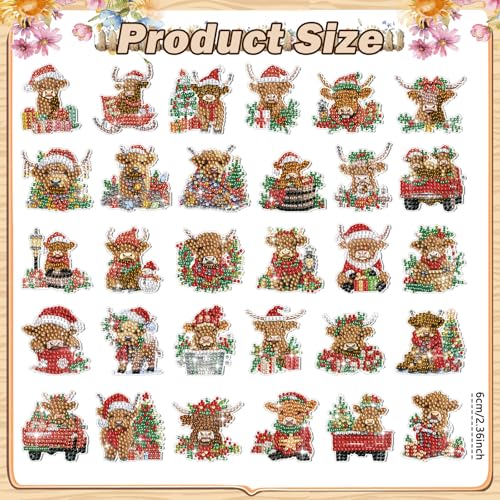 Remuuly 30 Pcs Christmas Cow Diamond Painting Magnets Christmas Diamond Art Magnet Kits for Adults Xmas Animal Refrigerator Stickers 5D Rhinestones Cow Fridge Stickers for Fridge DIY Crafts Toy Gifts - Image 3