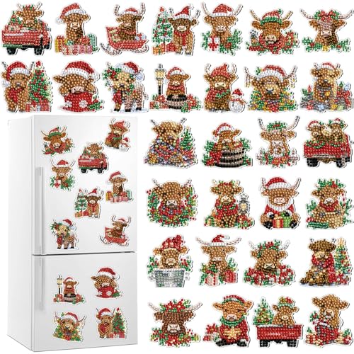 Remuuly 30 Pcs Christmas Cow Diamond Painting Magnets Christmas Diamond Art Magnet Kits for Adults Xmas Animal Refrigerator Stickers 5D Rhinestones Cow Fridge Stickers for Fridge DIY Crafts Toy Gifts - Image 1