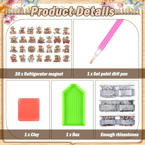 Remuuly 30 Pcs Christmas Cow Diamond Painting Magnets Christmas Diamond Art Magnet Kits for Adults Xmas Animal Refrigerator Stickers 5D Rhinestones Cow Fridge Stickers for Fridge DIY Crafts Toy Gifts - Image 5